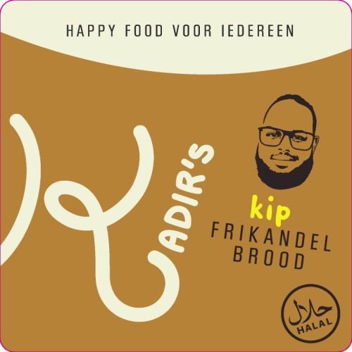 Etiket 50x50mm frikandelbrood Kadir's, Halal, 3 kl. bedrukt