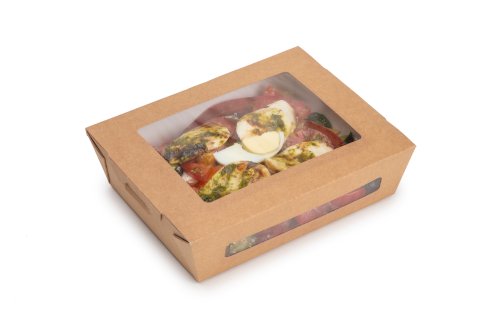 ECO take away salade box Kraft 190x150x50mm bruin + venster 1000ml