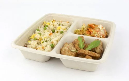 Bio menubak 3-vaks suikerriet 23x23x4cm 500/200/200ml bruin