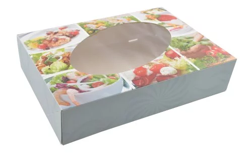 Cateringdoos 46x31x8cm 450grs met venster, opdruk Meat and More