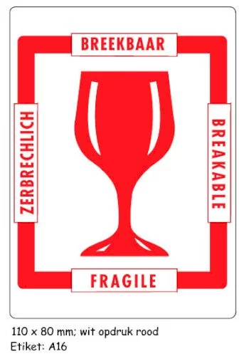 Gevaren etiket 10x7cm rood GLAS BREEKBAAR-FRAGILE-BREAKABLE
