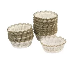 Caisses feuilleté pomme fleur 140/65mm blanc, impression or/marron rosette de fleurs