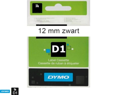 Tape D1 12mmx7mtr zwart/wit (Dymo 45013)